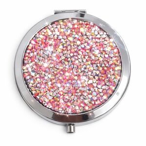 Silver Tone & Sparkling Pink Rhinestone Compact Mirror NEW